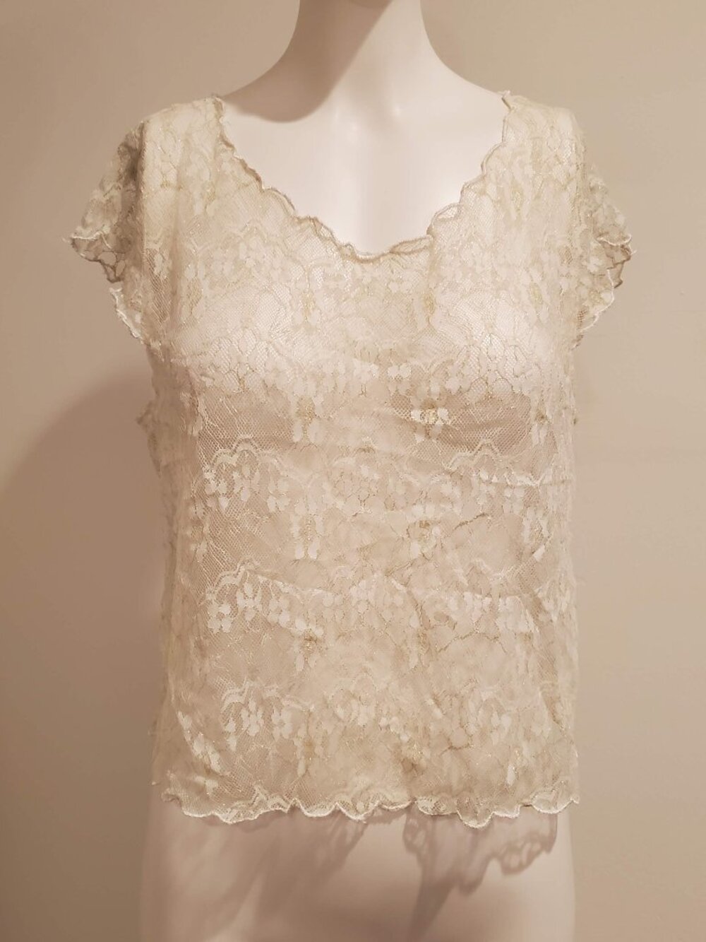 Shasa Women's Cream Floral Sheer Lace Top Metallic Gold Accents Large
